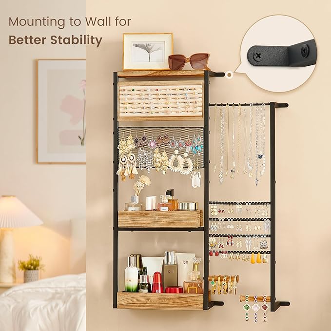 Pinzoveco Hanging Jewelry Organizer Wall Mounted, Large Hanging Jewelry Organizer Holder for Necklaces,Bracelest,Earrings,Rings,Watched,Makeup & Perfume (Black)