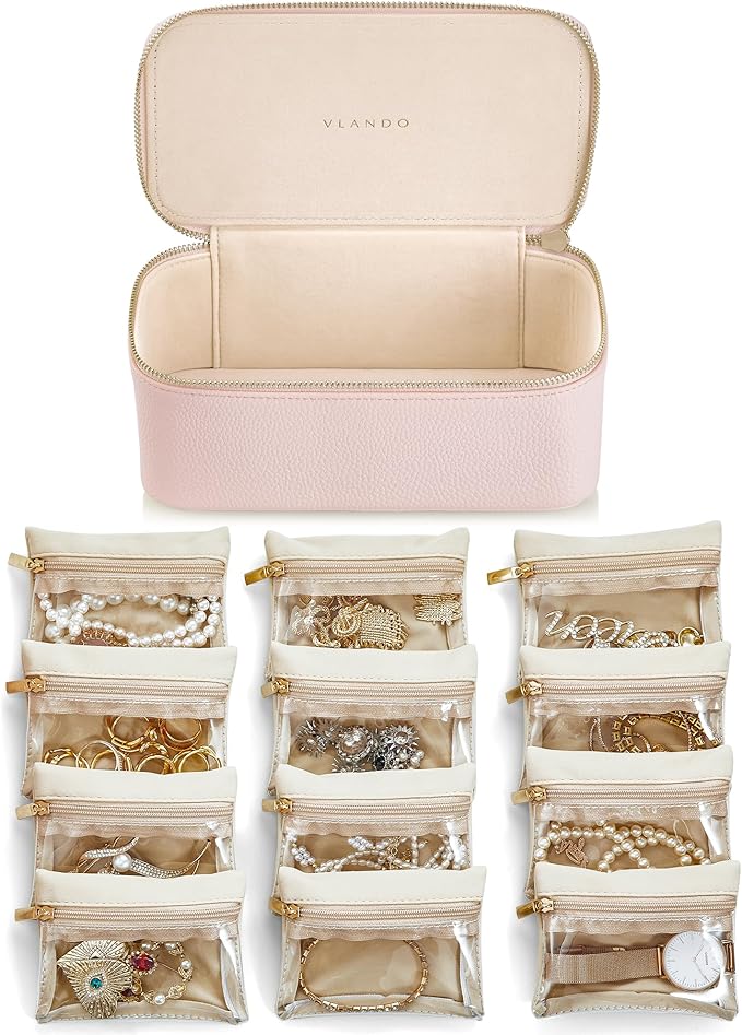 Vlando Jewelry Box with 12 Velvet Jewelry Bags Travel Jewelry Case for Girls Jewelry Organizer for Travelers Birthday Christmas Gift Ideas for Women (Pink)