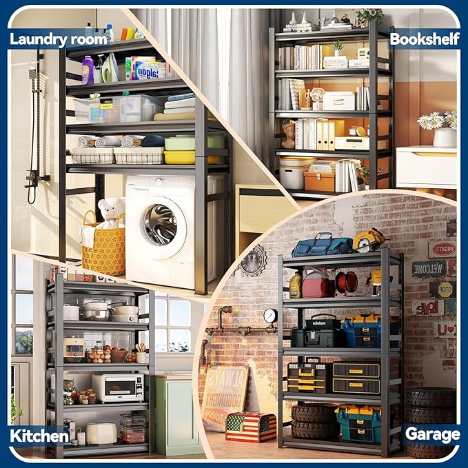 Garage Storage Shelves,5 Tier Shelving Unit, 40 inch Wide, 18” Deep, 78” Tall Organizer Metal Shelf for Basement/Laundry/Pantry Heavy Duty, Adjustable,Easy to Install (5Tier-35"Wx16"Dx72"H with Fence)
