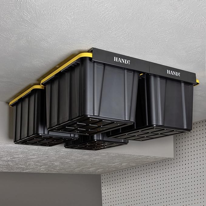 HandT USA Based Overhead Garage Storage Rack, Ceiling Tote Bin Organization Rails Shelving Racks System, Heavy Duty Hanging Metal Rack Systems for 27 Gallon Container, Supports Most Bins, 4 Sets Black