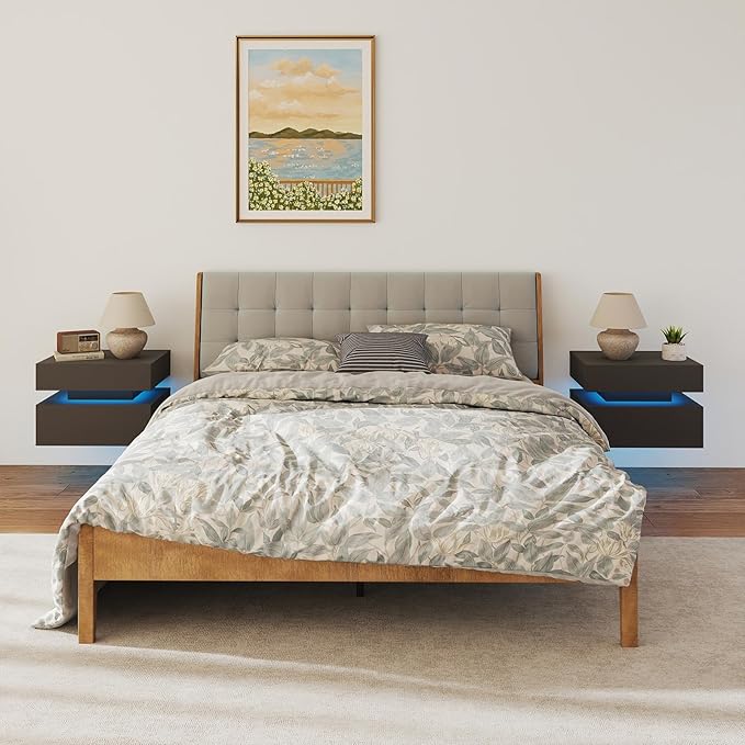 Floating Nightstand Set of 2,Modern Bedside Tables with LED Light for Bedroom,Small Night Stands with Drawers, Wall Mounted End SideTables Set for Living Room