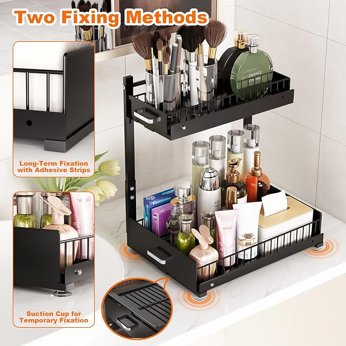 Under Sink Organizer,2 Tier Slide Out Kitchen Cabinet Organizers with Pulley,Under Bathroom Sink Pull Out Organizer with Multiple Height Adjustments for Kitchen and Bathroom Cabinets-Black