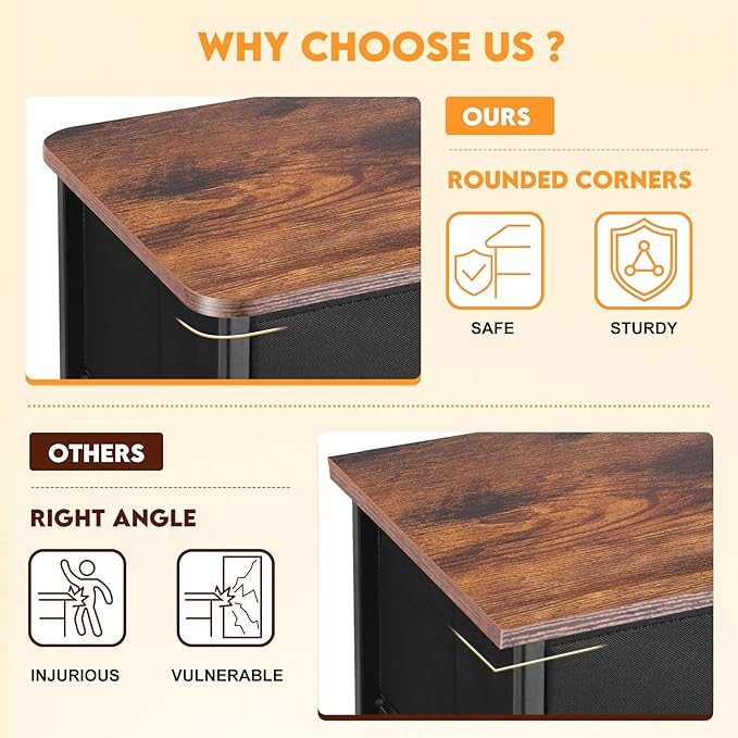 Curved Profile Dresser for Bedroom, Chest of Drawers, 9 Storage Drawers Organizer Unit, Black Dresser with Fabric Bins for Closet, Living Room, Kid Room (Black and Rustic Brown)