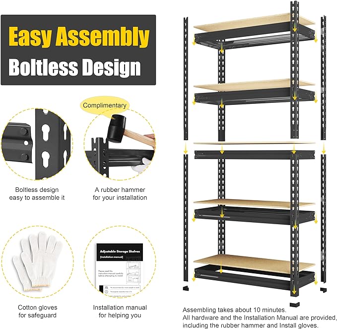PrimeZone Storage Shelves 5 Tier Adjustable Garage Storage Shelving, Heavy Duty Metal Storage Utility Rack Shelf Unit for Warehouse Pantry Closet Kitchen, 28" x 12" x 59", Black