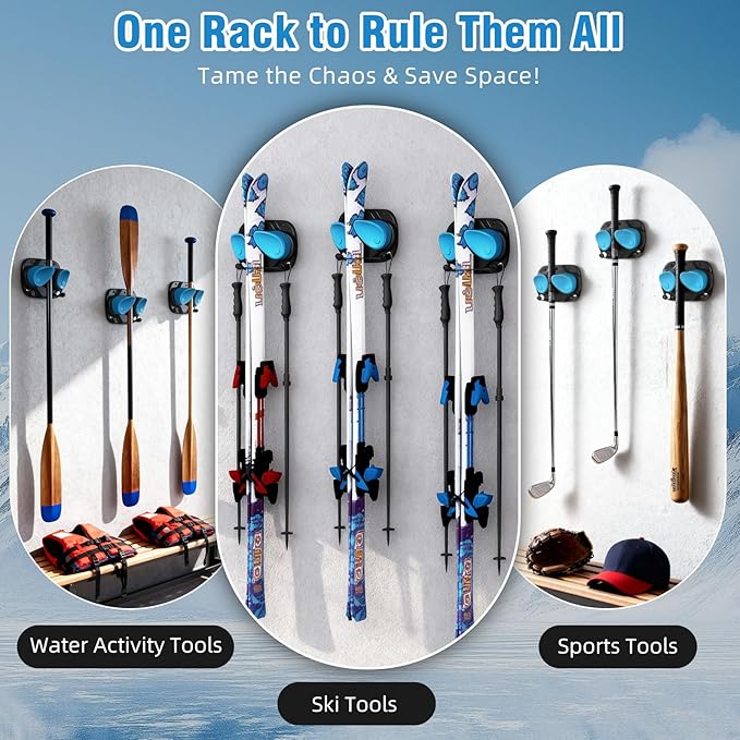 WDZREE Ski & Snowboard Wall Rack for Garage, Fits Any Ski or Board, Ski Wall Mount Garage Organization Holders, Damage-Free Storage Rack, Space-Saving Clamp Winter Gear Organizer, Blue (2 Pack)