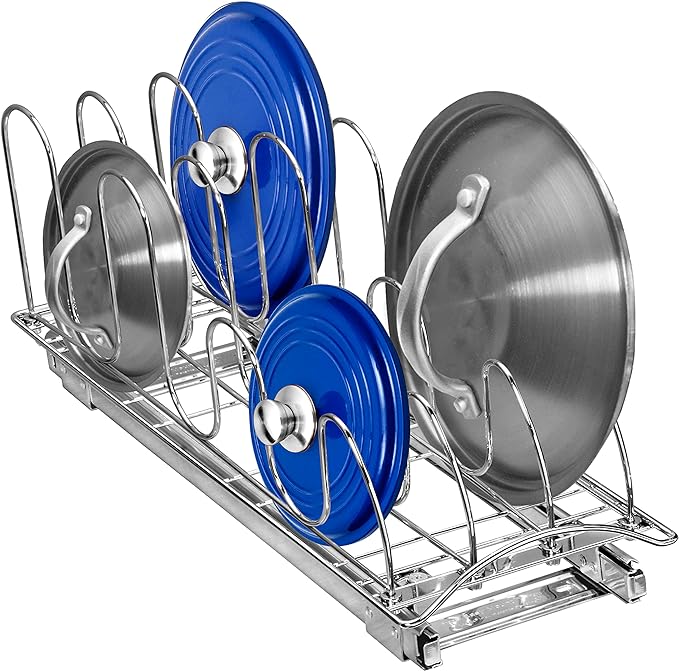 LYNK PROFESSIONAL® Pull Out Pot Lid and Cookie Sheet Organizer Rack for Cabinet - Lifetime Ltd. Warranty - Sliding Kitchen Organizers – Pans, Pots, Lids, and Tray Storage - 7.25 wide x 21 inch, Chrome