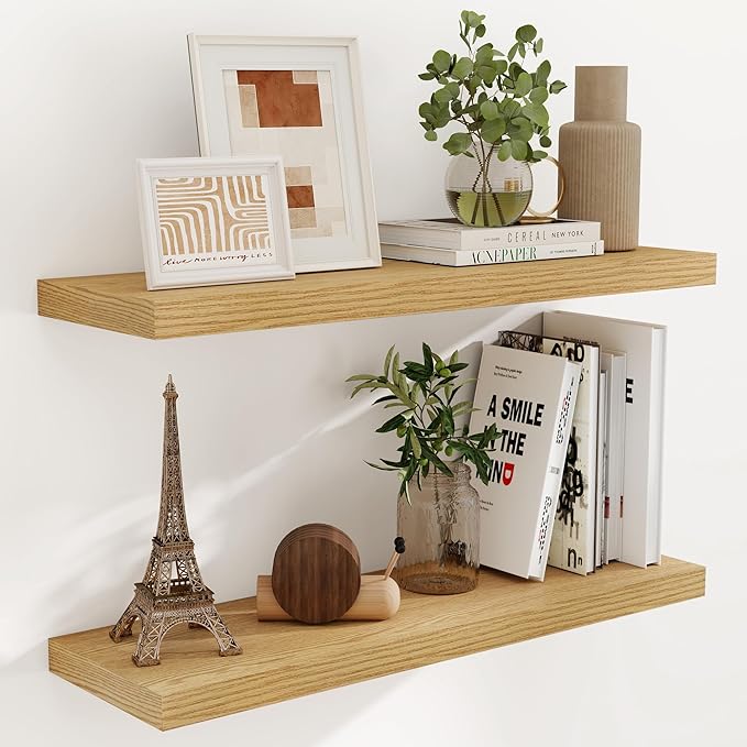 Fun Memories 36x9.3 Floating Shelves for Wall, Wood Floating Shelf 36 Inch Long, Large Deep Wall Shelves for Home Decor & Storage, Rustic Deep Shelf for Living Room, Bedroom, Kitchen, Oak Color