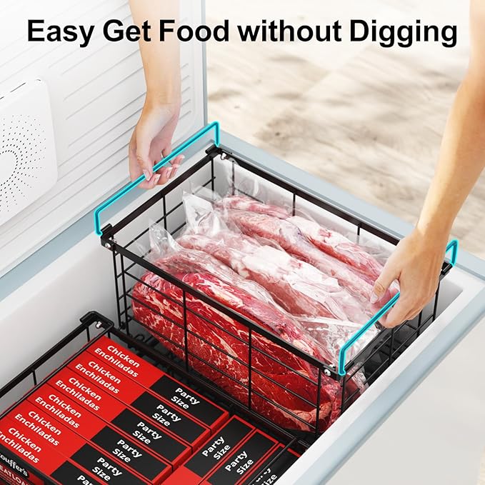 iSPECLE Deep Freezer Organizer Bins - 4 Pack Large Freezer Organizer for 5 to 7 Cu.Ft Chest Freezer, Stackable Easy Access Food No More Digging, Sturdy Metal Wire Basket Not Scratch Bottom, Black