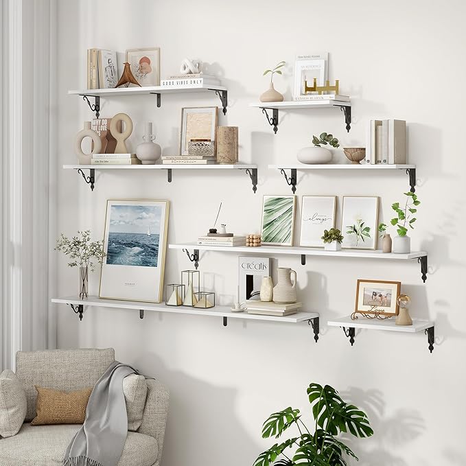 Fun Memories 36 Inches Floating Shelves, Rustic Long Wall Shelves, 8 Inch Deep Book Shelf Wall Mounted with Bracket, Wide Display & Storage Shelves for Living Room, Bathroom, Bedroom, White, Set of 2