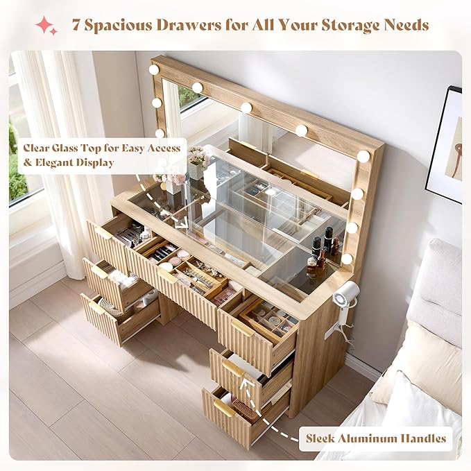 AMERLIFE 47.2" Fluted Vanity Desk with Large Mirror and Adjustable LED Lights, 7 Drawers Makeup Table with Glass Top and Charging Station for Women and Girls, Bedroom or Dorm, Oak