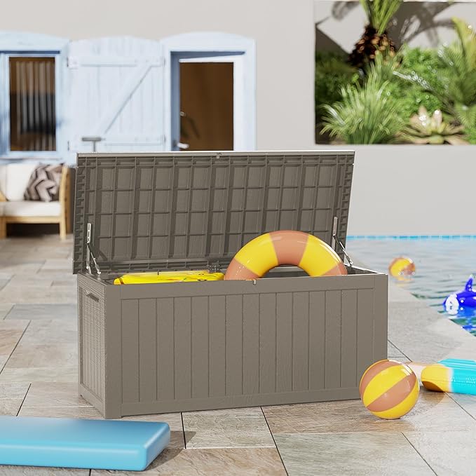 270 Gallon Deck Box, Resin Outdoor Indoor Waterproof Storage Box, Lockable Storage Box With Handle for Patio Furniture - Garden Tools - Swimming Pool Tools UV-Resistant - Grey