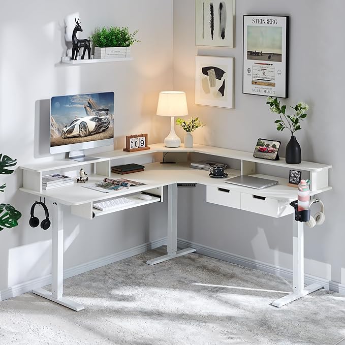 RedLemon 60 Inches L Shaped Electric Standing Desk, Height Adjustable Corner Gaming Desk with Drawers, Keyboard Tray, Power Outlets & LED Lights, Computer Desk with Monitor Shelf, Antique White