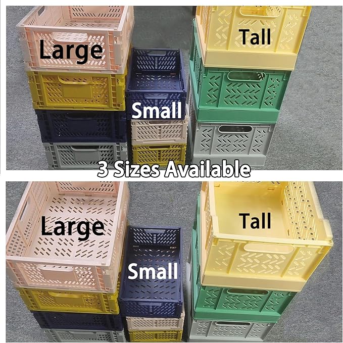 Domiella 2-Pack Crates for Storage, Storage Crates Plastic Stackable, Foldable Crate for Office Home Kitchen Bedroom Bathroom (Small, Golden Yellow)