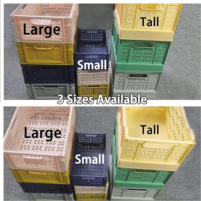 Domiella 2-Pack Crates for Storage, Storage Crates Plastic Stackable, Foldable Crate for Office Home Kitchen Bedroom Bathroom (Large, Blue)
