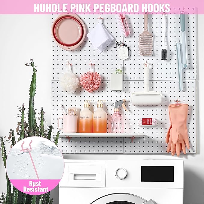 HUHOLE Pegboard Hooks 4 Inch 50PC, Pink Peg Board Hooks, Fit 1/4" or 1/8" Pegboard, Ideal Peg Board Organizer Accessories for Wall Display, Crafts Organization, Kitchen Organizer (Pink, 4 Inch)