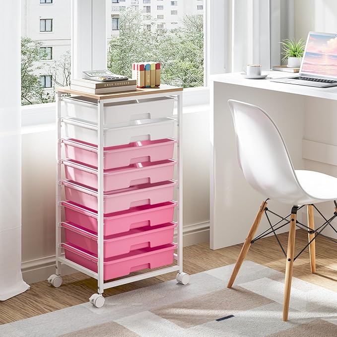 Rolling Cart with Drawers, Pink Cart with 8 Plastic Drawer Storage and Wooden Tabletop, Craft Storage, Teacher Cart, Storage Cart on Wheels, Rose Pink
