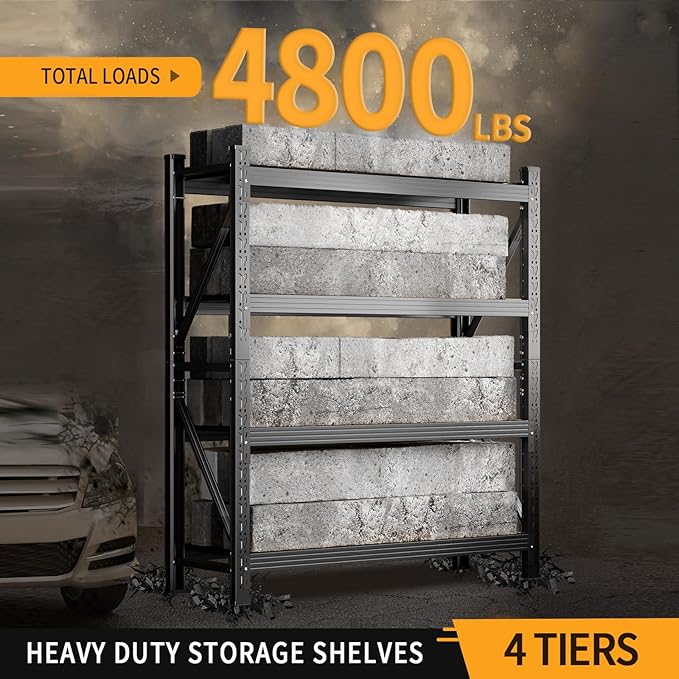4800LBS Heavy Duty Shelving Units, 4 Tier Adjustable Metal Utility Shelf, 78.7" H Garage Storage Shelves Organization Rack for Industrial, Warehouse, Basement (Black, 23.6" D×59" W×78.7" H)