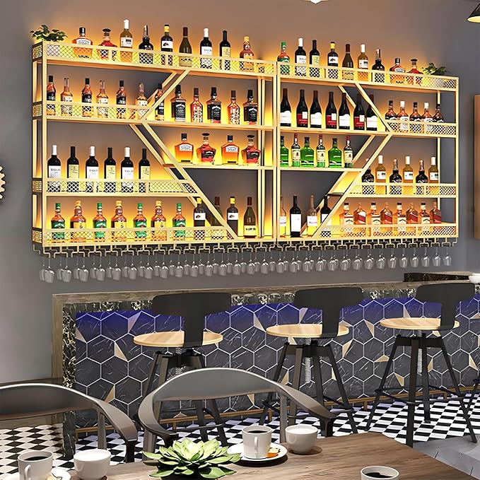 79in Metal Wine Rack Wall Mounted, Modern Wine Storage Rack Wall Mounted with Wine Glass Holder, Liquor Shelf, Bar Shelves for Liquor Bottles (4 Tiers Gold, 79 * 7.87 * 48.5INCH)