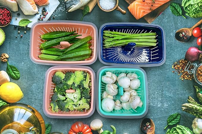 68oz Berry Keeper Fruit Storage Container for Fridge, Fresh Food Produce Saver Containers with Removable Drain Colanders, Vegetable Lettuce Keeper Bowl, Refrigerator Organizer, PRESS TO OPEN CLOSE LID