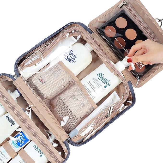 NISHEL Travel Toiletry Bag for Women, Makeup Essentials Organizer, Hanging Case for Accessories, Cosmetics, Large Size, Aegean-Blue