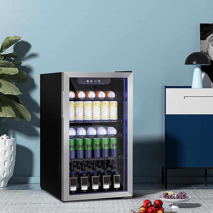 Beverage Refrigerator Cooler, 126 Can Mini Fridge Glass Door for Drinks Soda, Beer, or Wine - Small Refrigerator for Office Bedroom Home Bar, Adjustable Shelves, 3.2 Cu.Ft, Silver
