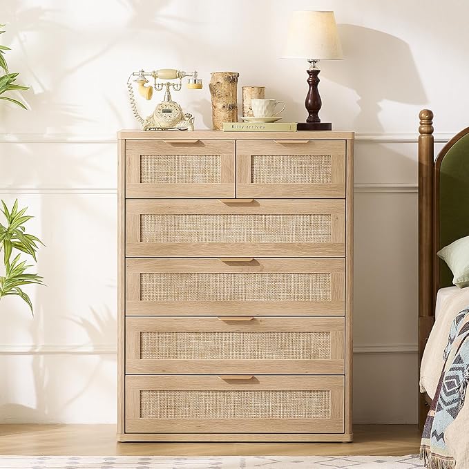 LEYAOYAO Rattan Dresser for Bedroom Set of 2, 41" Tall Chest of Drawers, Modern 6 Drawers Boho Dressers with Storage, Light Oak Dresser Wooden Closet Organizer for Living Room, Hallway, Natural Wood
