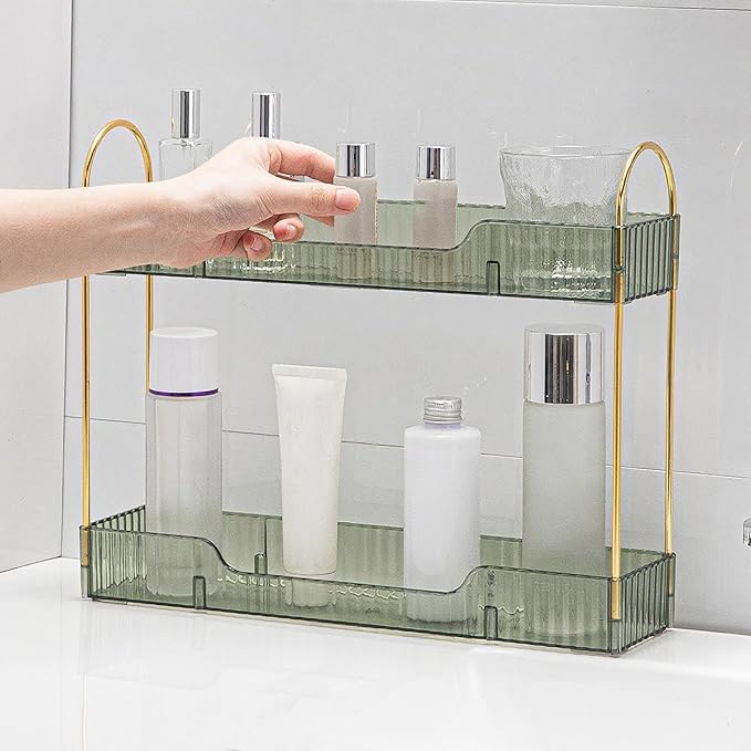 Bathroom Countertop Organizer, 2-Tier Slim Vanity Storage Rack for Bathroom Sink, Narrow Counter Organizer for Toiletries Skincare Perfume with Green Plastic Trays