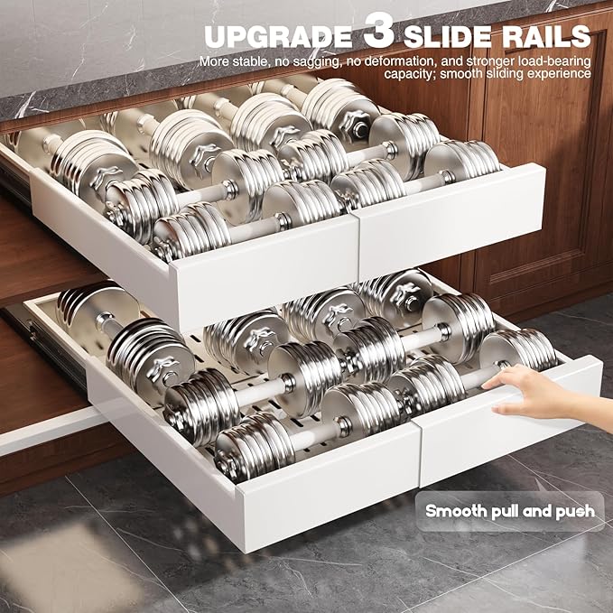 1 Pack Pull Out Cabinet Organizer Expandable Width(13"-21") and Depth(17"-24"), Slide Out Drawers With Raising Pad for Framed Cabinets, No Drill Roll Out Shelves for kitchen, Bathroom, White