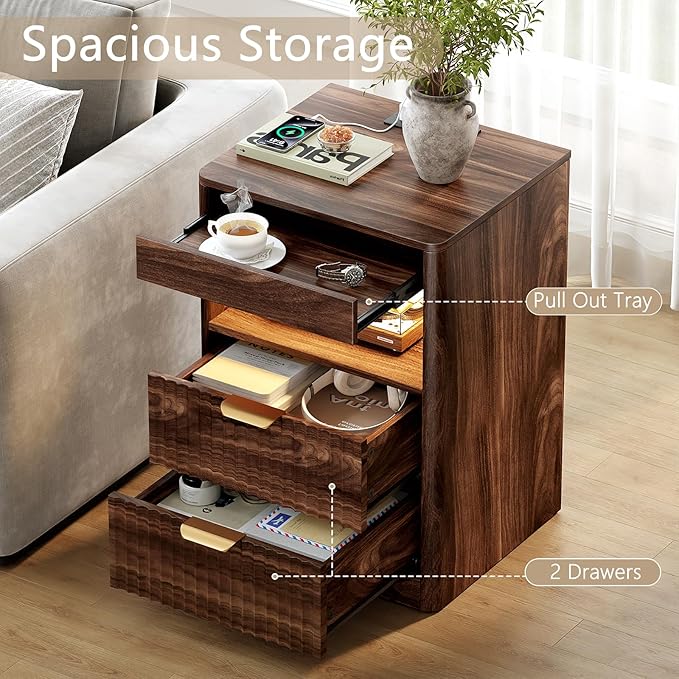 REAHOME Fluted Nightstand Set of 2 with Charging Station, Modern LED Night Stand with 2 Drawers and Pull Out Tray, Wood Bedside Table, End Side Table with Open Shelf for Bedroom,Walnut