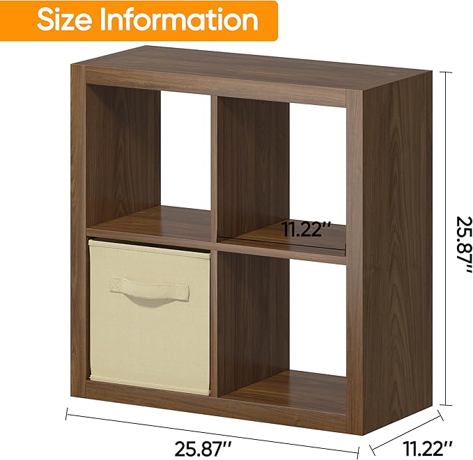 Bookshelf with Storage Bin, 4-Cube Storage Organizer, Modern Wood Open Bookcase, Multifunctional Display Shelf for Living Room, Bedroom, Home Office, Classic Oak