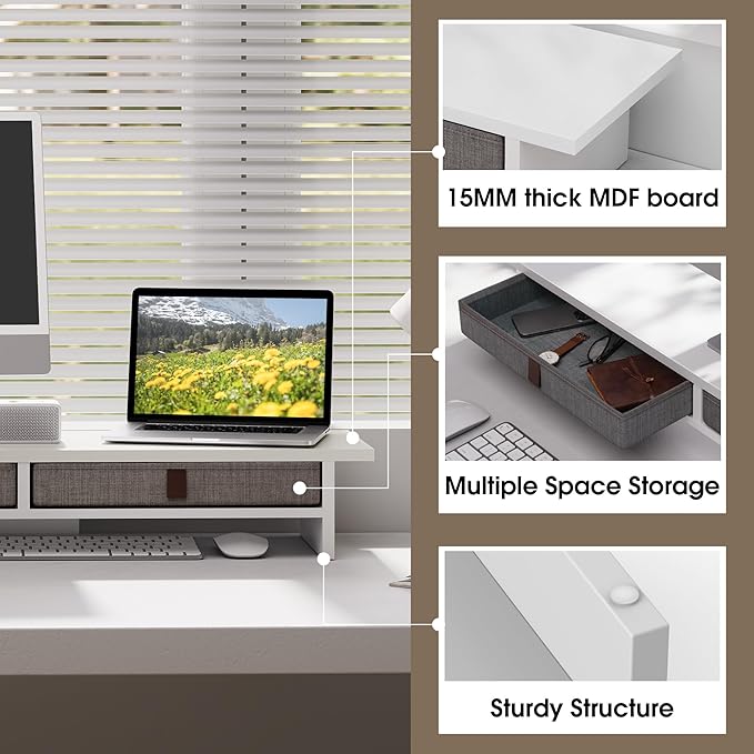 Fenge Monitor Stand with Drawer, 2 Tiers Dual Monitor Riser for Desk, 35 Inch Computer Stand for 2 Monitors, Desk Shelf for Home, Office, Laptop, PC, TV, Printer