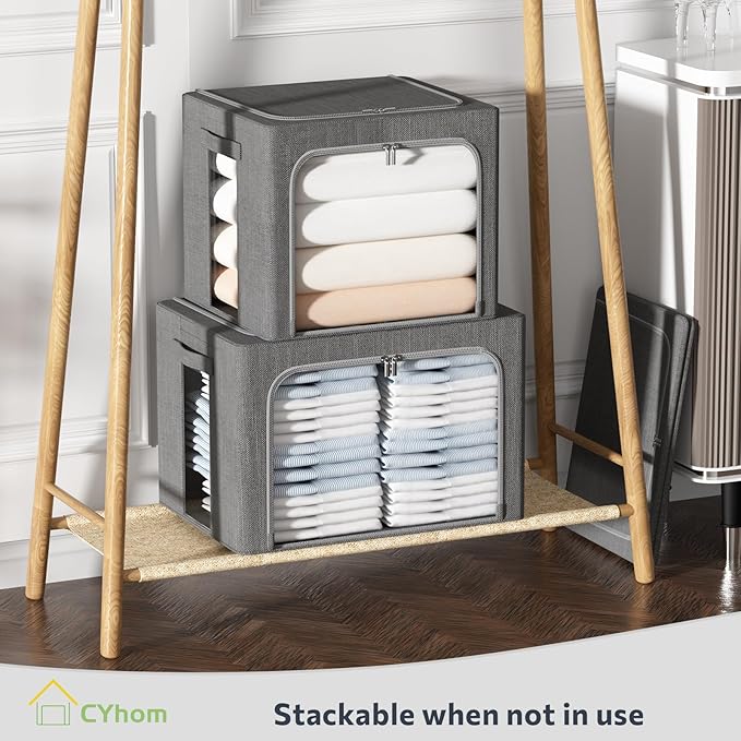 CYhom 3Pack Foldable Storage Bins - Frame Storage Box Linen Fabric Stackable Clothes Container Organizer with Clear Window & Carry Handles Large Capacity (Small-22L, Dark Gray)