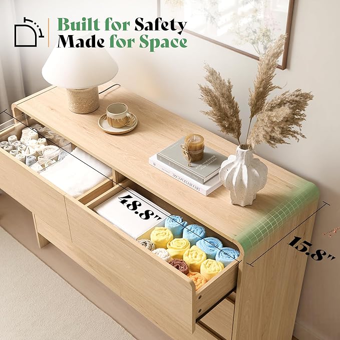 AMERLIFE Drawer Dresser for livingroom, Modern Chest of Storage Drawers with Rounded Corners, Wood Cabinet Organizer for Apartment, Nursery, Easy Assembly, Natural Oak
