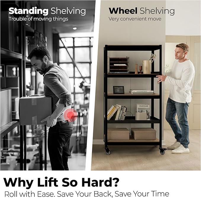 HOMEDANT House 5-Tier Metal Boltless Rolling Cart Shelf Rack Casters Heavy Duty Wheel Shelving Unit Adjustable Utility Storage Shelves Organizer Shelf Kitchen Garage 48.1" W x 18.5" D x 75.4" H 4Pack