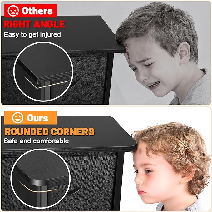 Curved Profile Dresser for Bedroom, Chest of Drawers, 8 Storage Drawers Organizer Unit, Brown Dresser with Fabric Bins for Closet, Living Room, Kid Room (Charcoal Black)