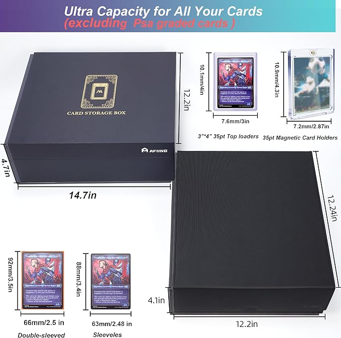 AFIING Trading Card Storage Box 6000+ Capacity – DIY Toploader Case w/ 24 Dividers & 8 Supports, Fits 3x4 Rigid Card,Deck Box for MTG TCG Sports Cards– Black & Cyan