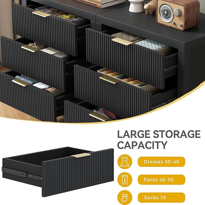 3 Drawer Dresser, Modern Wood Storage Chest of Drawers Organizer with Waveform Panel, Fluted Dresser with Wide Drawers and Golden Handles for Bedroom, Hallway, Entryway, Black
