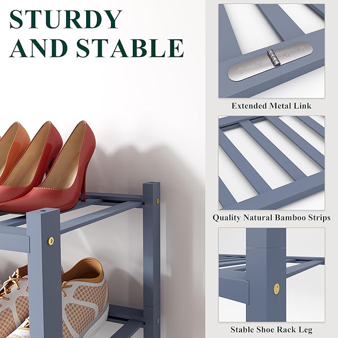 Smiry Bamboo Shoe Rack for Closet, 5 Tier Wooden Stackable Shoe Organizer, Free Standing Shoes Storage Shelf for Entryway, Front Door Entrance, Grey