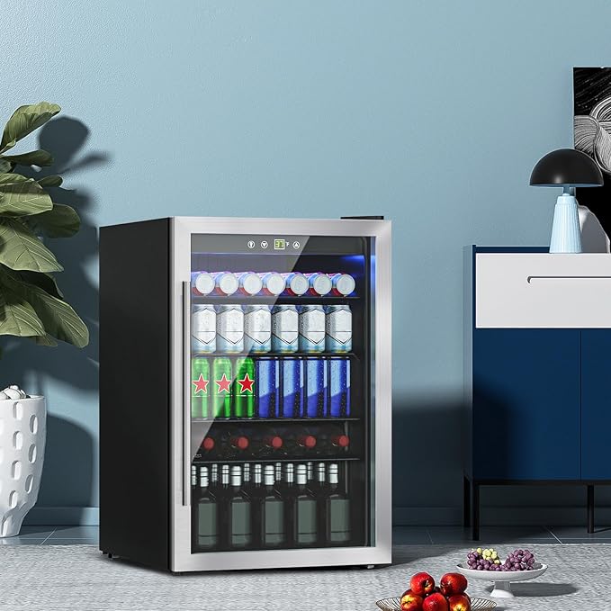 4.5 Cu.Ft Mini Fridge for 145 Cans, Beverage Refrigerator with Glass Door and Digital Display, Small Drink Fridge with Adjustable Shelves for Soda, Beer, or Wine, Compact Fridge for Bar Office