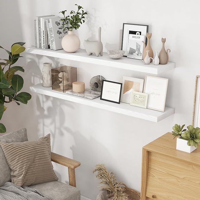 Fun Memories White 55Inch Floating Shelves for Wall 2 Pack Shelves for Bedroom|Kitchen|Bathroom Wall Mounted Rustic Wood Floating Shelf with Invisible Brackets for Books|Storage|Decor
