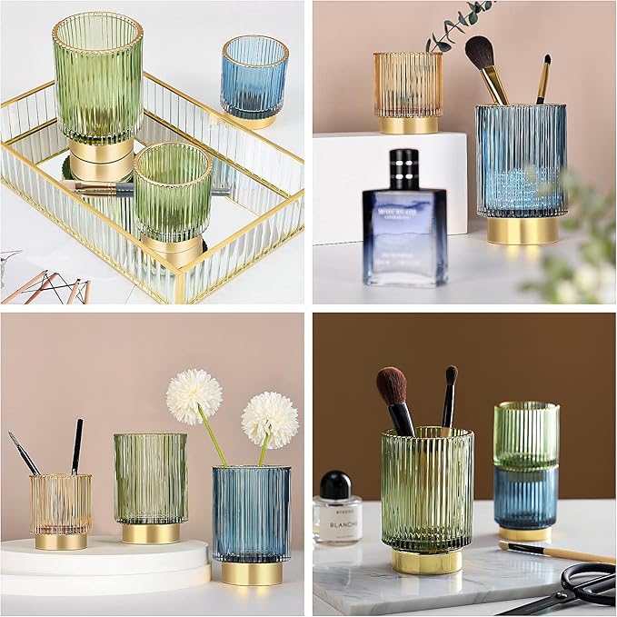 DASITON Makeup Brush holder Organizer, Crystal Cosmetic Makeup Brush Glass Brushes Storage Holder, Vintage Make Up Brush Cup Pen Pencil Holder striped vase(Green S+L)