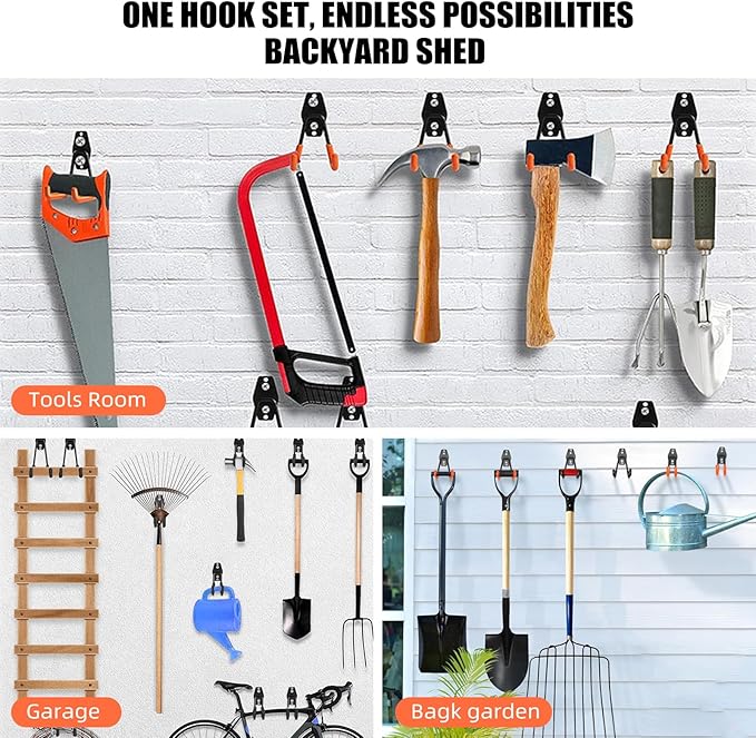 Garage Hooks, 12 Pack Wall Hooks for Hanging Heavy Duty Ladders, Bikes, Tools Ideal for Garage, Garden, Basement Utility Room Storage (Orange)