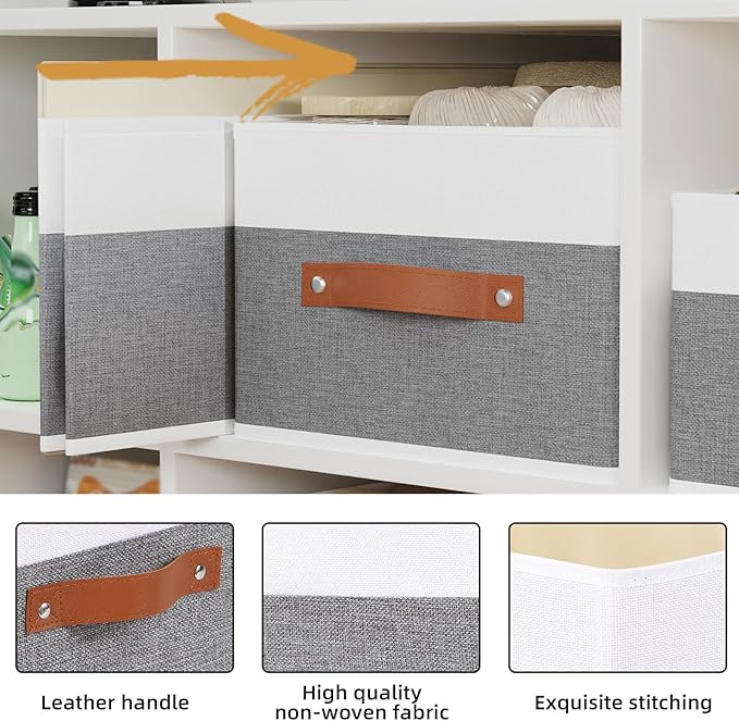 Storage Boxes, 16.1 × 9.8 × 6.5 Inch Storage Baskets with Handles, Fabric Cube Organizer Bins for Shelves Bedroom Laundry, White and Grey, 4-Pack