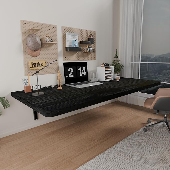 IAE Floating Wall Mounted Folding Table Desk with Pine Wood,48" x 22" Folding Workbench,Fold Down Wall Mounted Foldable Desk with Shelf Brackets,Laundry Table for Home,Dining,Office,Kitchen,Black