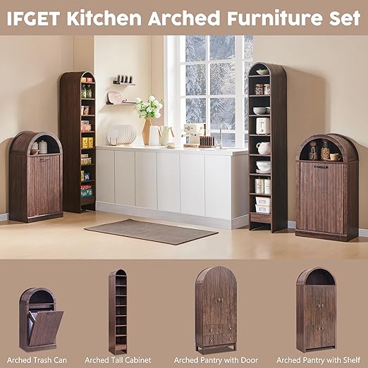 Arch Tilt-Out Trash Can Cabinet, Fluted Kitchen Trash Can 10 Gallon with Open Shelf, Modern Laundry Hamper Cabinet, Hidden Garbage Can with Storage Basket for Living Room, Kitchen Brown