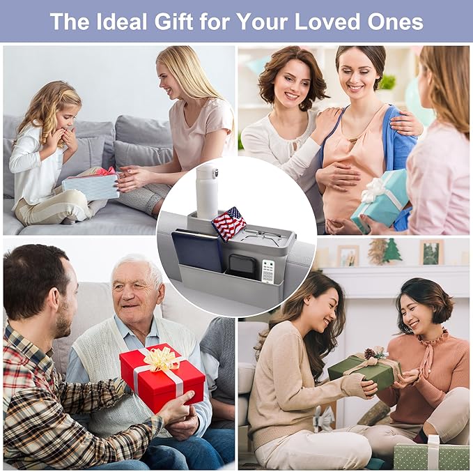 KindGa Couch Cup Holder Tray，Super Large Silicone Sofa Armrest Tray with Side Pockets，Anti-Slip Couch Caddy for Drinks/Phone/Remote/Snacks Sofa Table Organizer，Fathers Day Dad Gifts -Slate Gray