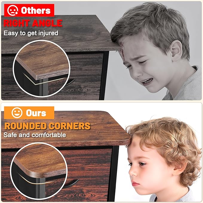 Curved Profile Dresser for Bedroom, Chest of Drawers, 9 Storage Drawers Organizer Unit, Black Dresser with Fabric Bins for Closet, Living Room, Kid Room （Rustic Brown