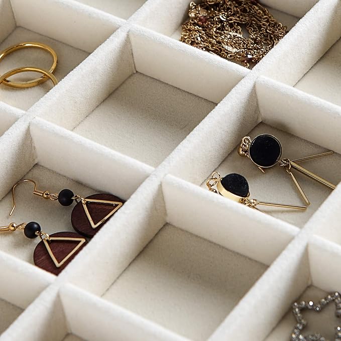 Frebeauty 24 Grid Earring Holder Organizer Tray, Jewelry Organizers and Storage for Drawer,Velvet Jewelry Display Storage for Earrings,Rings,Studs,10.5 x 6.5 x 1.2 Inches Gift for Women (Beige)