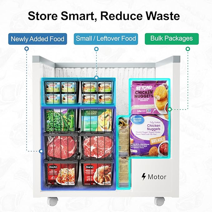 iSPECLE Chest Freezer Organizer Bins - 4 Pack Small Stackable Freezer Organizer Bins for 5 to 7 Cu.FT Small Deep Freezer (14.7"L X 7.1"W X 6.1"H) Easy to Get Food from Bottom without Digging, Black