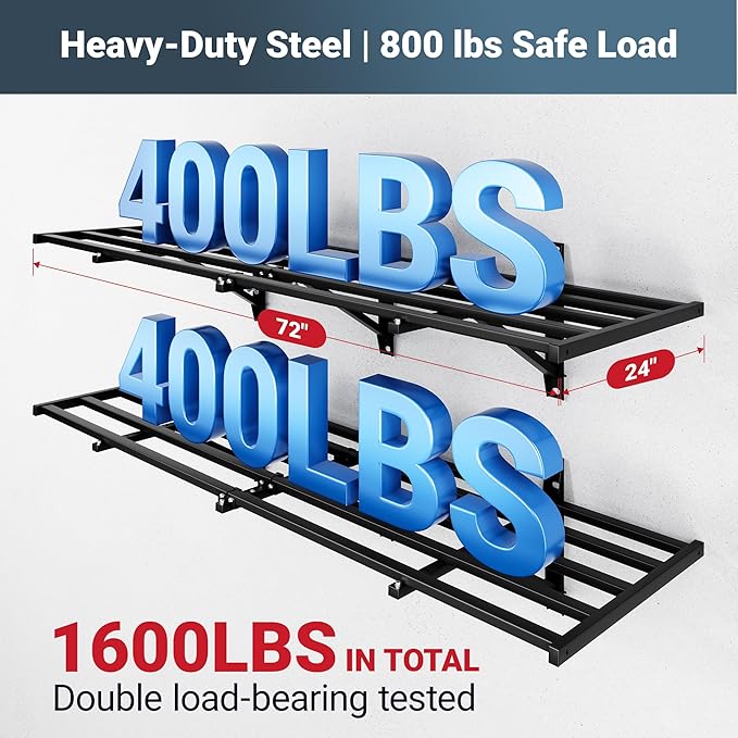 FLEXIMOUNTS 2-Pack 2x6ft Heavy Duty Garage Wall Shelving, 800lbs Capacity, Garage Shelving Wall Mounted with 8 Hooks, Storage for Power Tools, Garden Supplies, Storage Bins, Lite Series